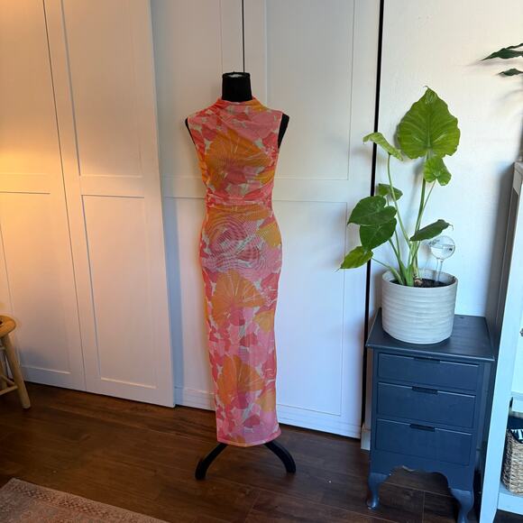 Tropical Coral Pink Orange Sheer High Neck Body Con Dress - s - Picture 2 of 6